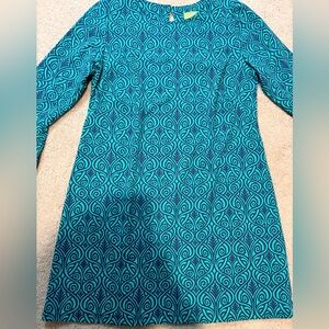 Katherine Way Navy & Teal Scroll Print Shift Long Sleeve Dress Resort- Large